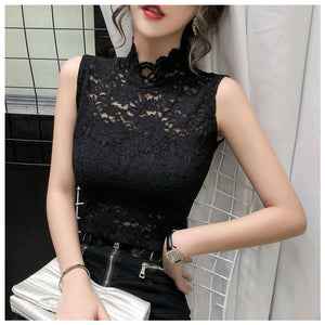 High Stand Collar Lace Sleeveless Tops