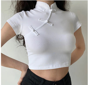 Sexy Stand Collar Cropped Slim Shirt