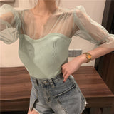 Sexy Puff Sleeve Mesh Transparent Knitting Shirt