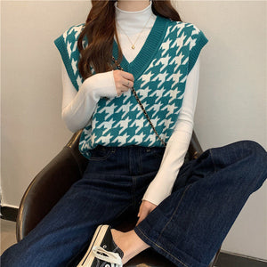 3 Colors Houndstooth Pattern Retro Vest Sweater