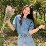 Short Sleeve Peter Pan Collar Denim Shirt