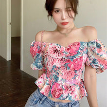 Sexy Floral Pattern Puff Sleeve Open Back Tops