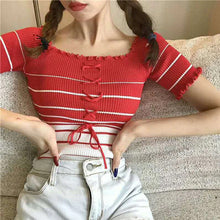 Sexy Slash Neck Striped Knitted Ruffles Shirt