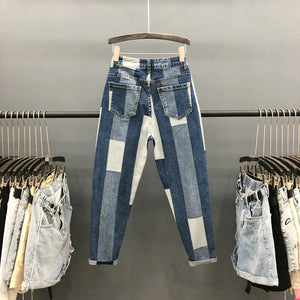 High Waist Geometric Panelled Spliced Jeans Pants