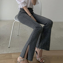 High Waist Splitted Scratched Leg Flare Grey Jeans