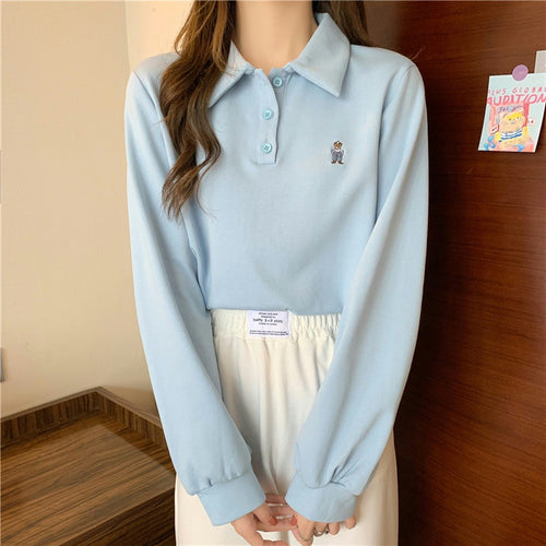 Long Sleeve Cartoon Pocket Embroidered Turn Down Collar Sweatshirt