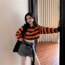 Long Sleeve Polo Collar Striped Crop Shirt