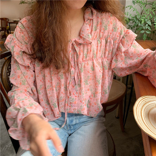 Loose Floral Chiffon Pink Blouse Shirts