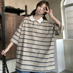 Loose Striped Colors Polo Collar Shirt