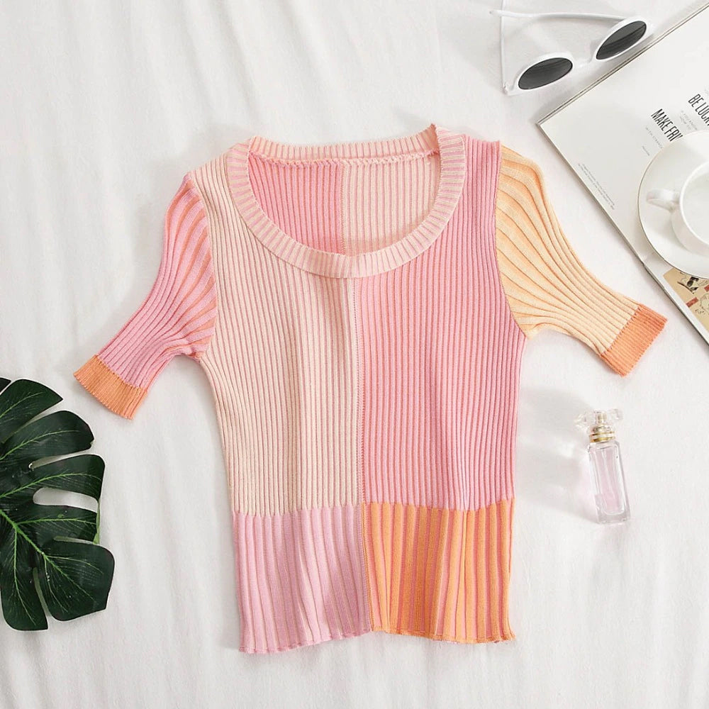 Cute Colors Skinny Knitted O-Neck Casual Shirt