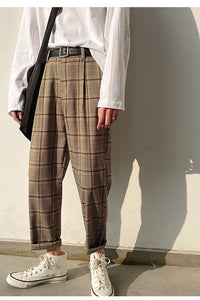 Vintage Khaki Ankle Length Men Plaid Pants