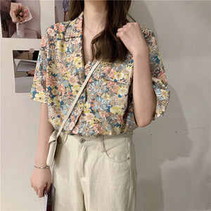 Casual Flowers Pattern Notched Collar Blouse Shirt
