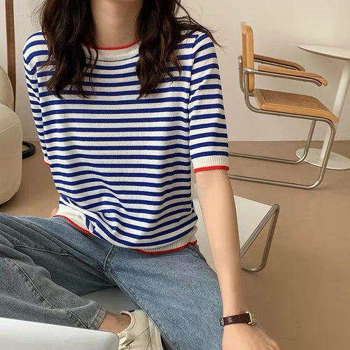 Short Sleeve Retro Blue Striped Shirts