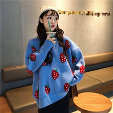 Strawberry Pattern Printed O-Neck Knitted Sweater