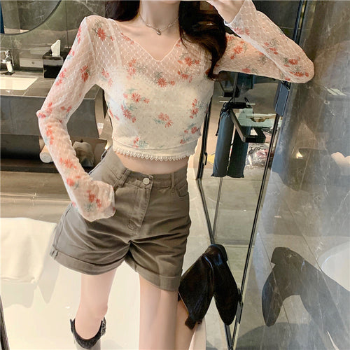 Long Sleeve Florals Printed Transparent Cropped Blouse