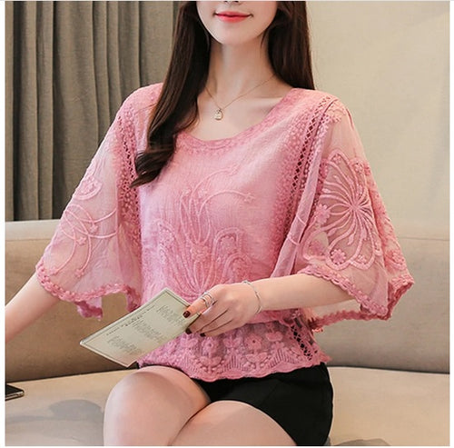 O-Neck Half Sleeve Lace Blouse Chiffon Shirt