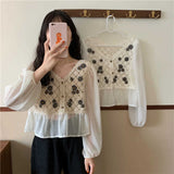 V-Neck Floral Knitted Stitching Chiffon Blouse Shirt