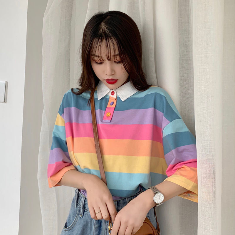 Cute Pastel Rainbow Striped Polo Shirt – Tomscloth