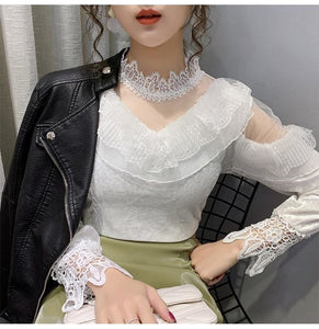 High Neck Lace Mesh Elegant Blouse Shirts