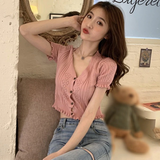 V-Neck With Button Ruffle Knitted Cropped Shirt