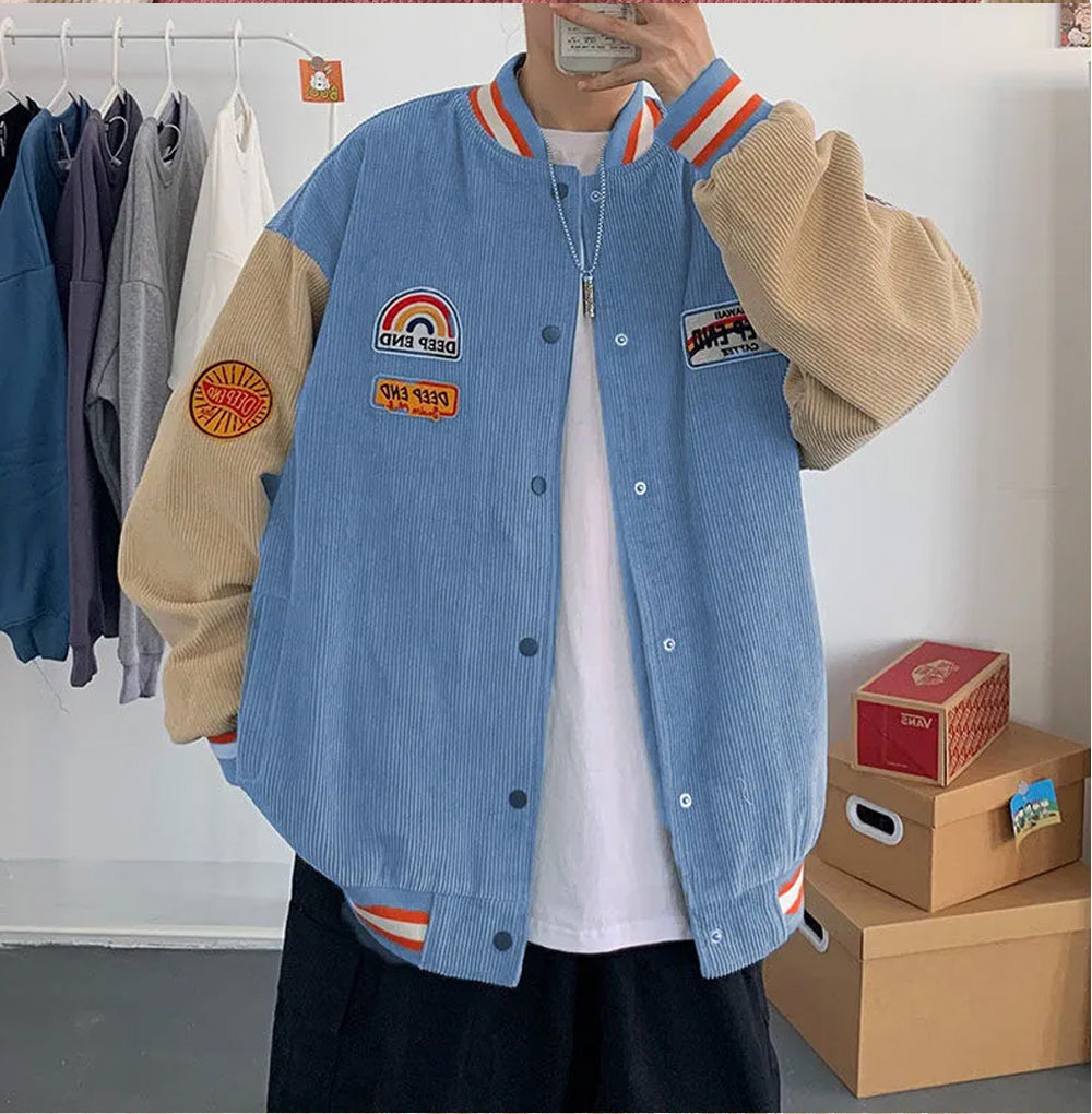 Retro Letter Embroidered Corduroy Baseball Jacket