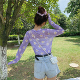 Daisy Printed O-Neck Sexy Transparent Shirt