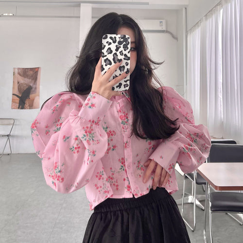 Retro Puff Sleeve Floral Pattern Pink Blouse Shirt