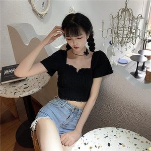 Sexy Folds Square Collar Black Cropped Slim Shirt