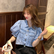Solid Puff Sleeve Cropped Denim Shirts
