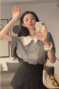 Plaid Pattern Retro Peter Pan Collar Blouse Shirt