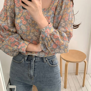 Long Sleeve Square Collar Cute Floral Blouse Shirt