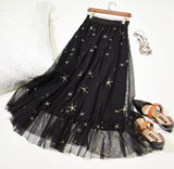 Stars Embroidery Tulle Mesh Pleated Skirt