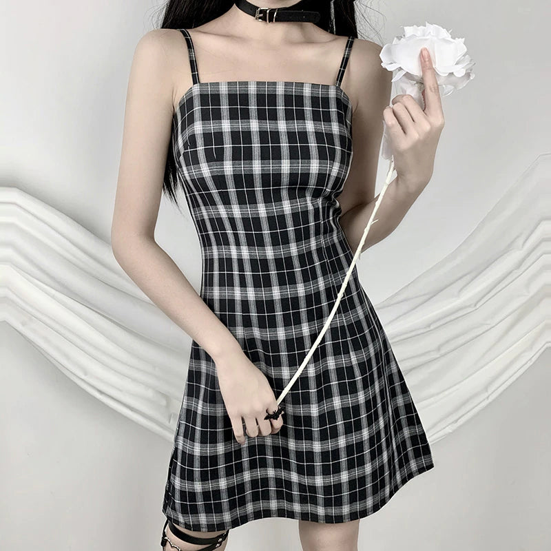  Black Gothic Punk Plaid Dress for Women Sexy