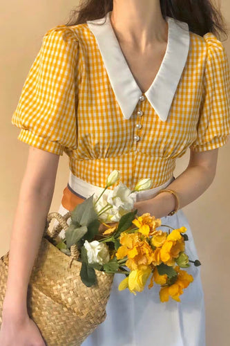 Yellow Plaid Puff Sleeve Retro Shirt