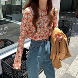 Long Sleeve Retro Floral Basic Chiffon Shirt