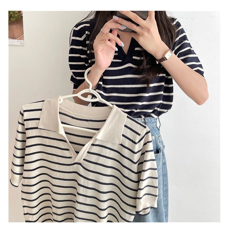 Stripe Knitted Turn Down Collar Shirt