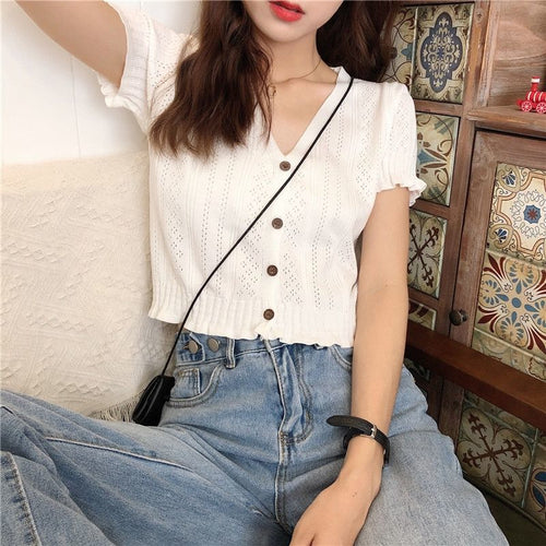 Sexy V-Neck Hollow Out Knitted Crop Tops