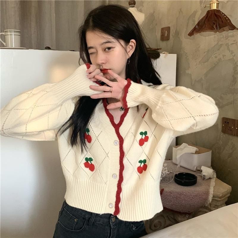 V-Neck Cherry Printed Retro Cardigan Sweater