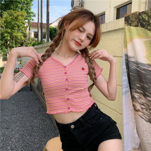 Cherry Pocket Embroidered Striped V-Neck Cropped Slim Shirt