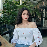 Vintage Flower Embroidery Off Shoulder Cropped Blouse
