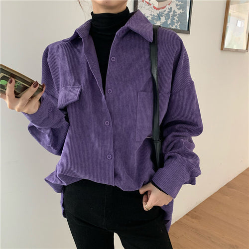 Retro Purple Color Loose Corduroy Shirt