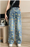 Sun Flower Full Printed Wide Leg Denim Jeans