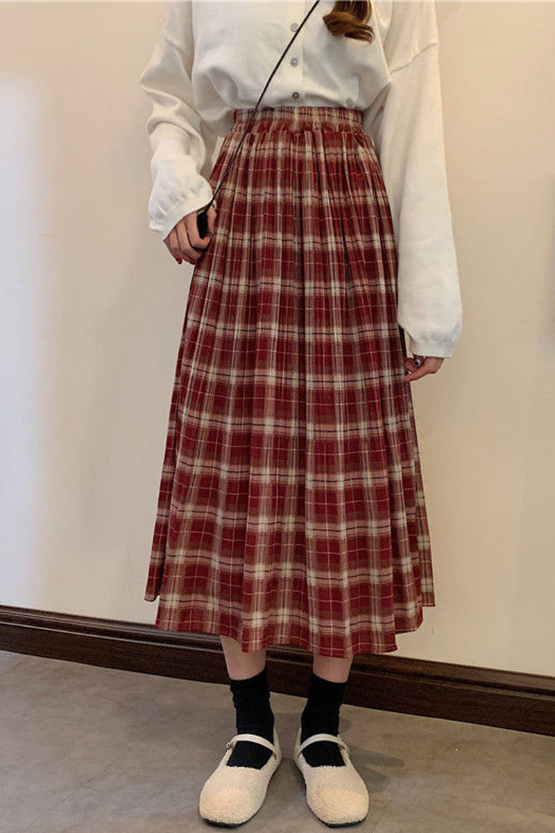 Solid Pleated Plaid Elastic Waist Long Skirts – Tomscloth