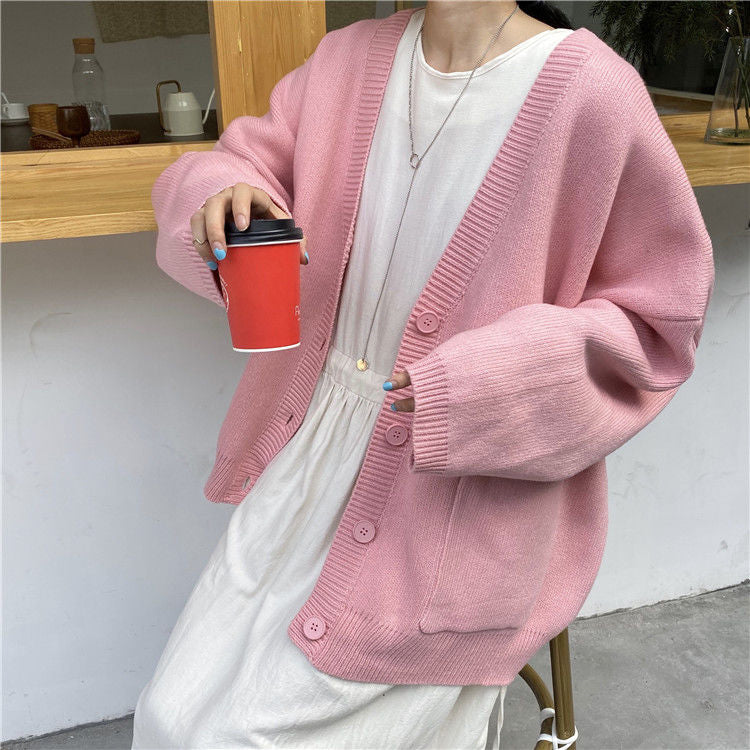 Loose V-Neck Pink Cardigan Sweater