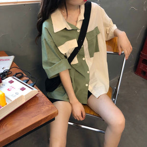 Short Sleeve 2 Colors Combination Blouse Shirt