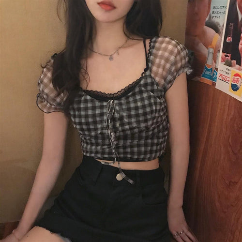 Retro Square Collar Chiffon Plaid Crop Tops