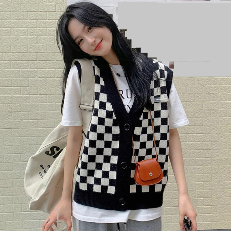 Colorful Checkered Sleeveless Vest Sweater