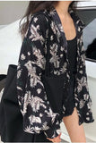 Long Sleeve Floral Printed Black Blouse Shirt