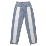High Waist White Block Irregular Jeans Pants