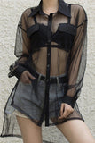 Sexy Open Mesh Transparent Long Sleeve Shirt
